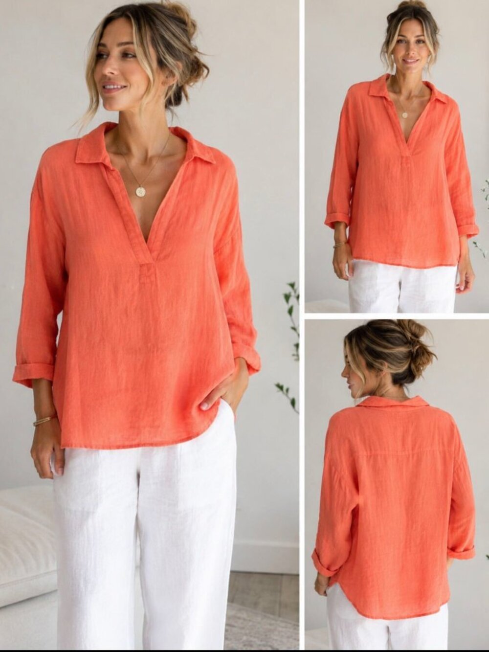 CALYPSO St. Barth Women's Sz 2X Linen Blend Blouse Tunic 3/4 Sleeves Coral NWT